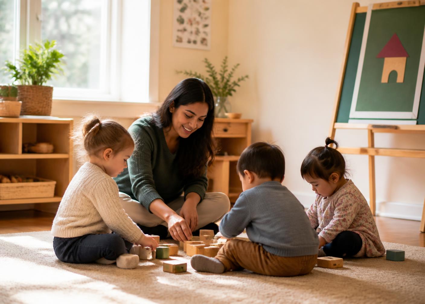 Teacher playing with toddlers in a small preschool classroom