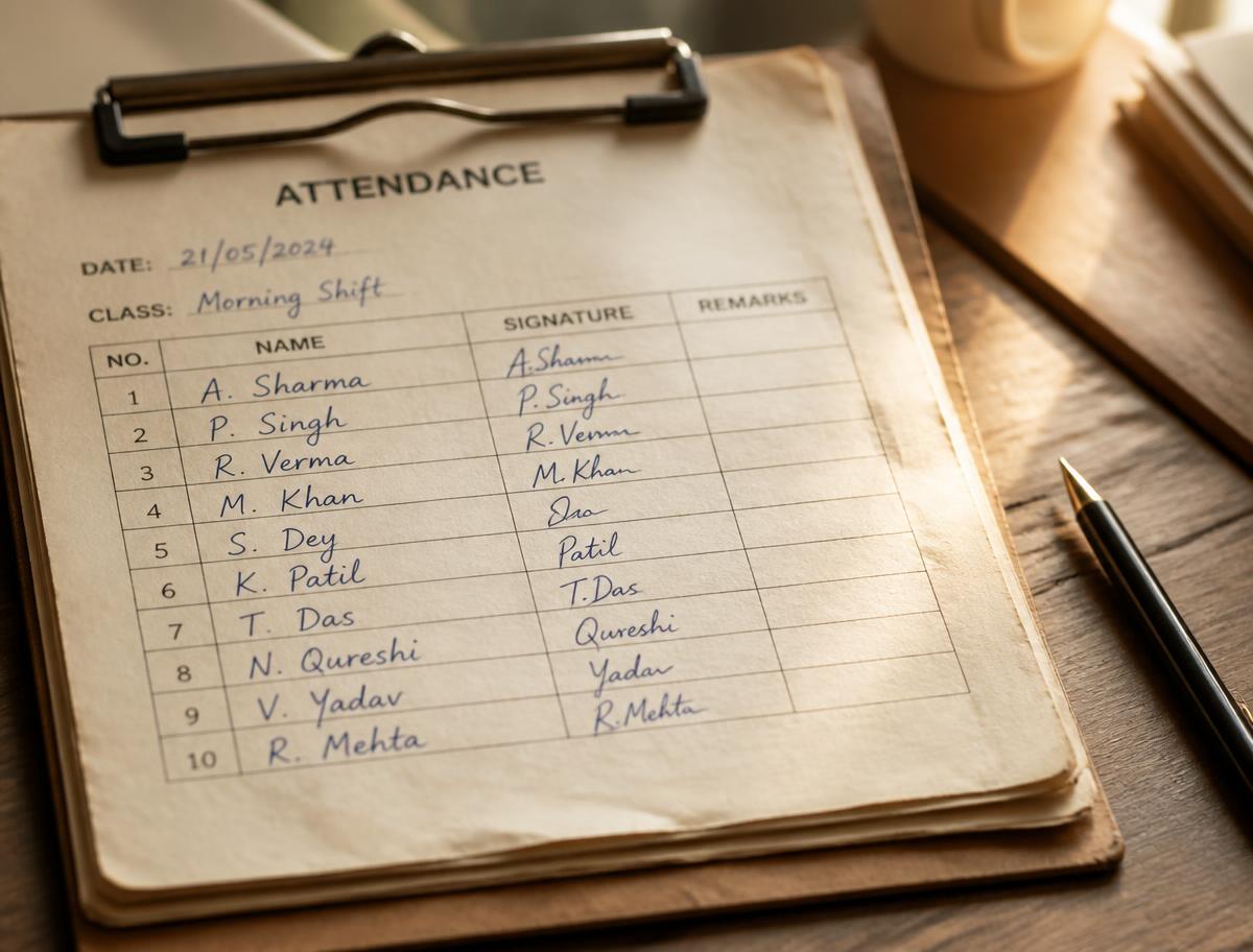 Paper attendance clipboard with handwritten signatures