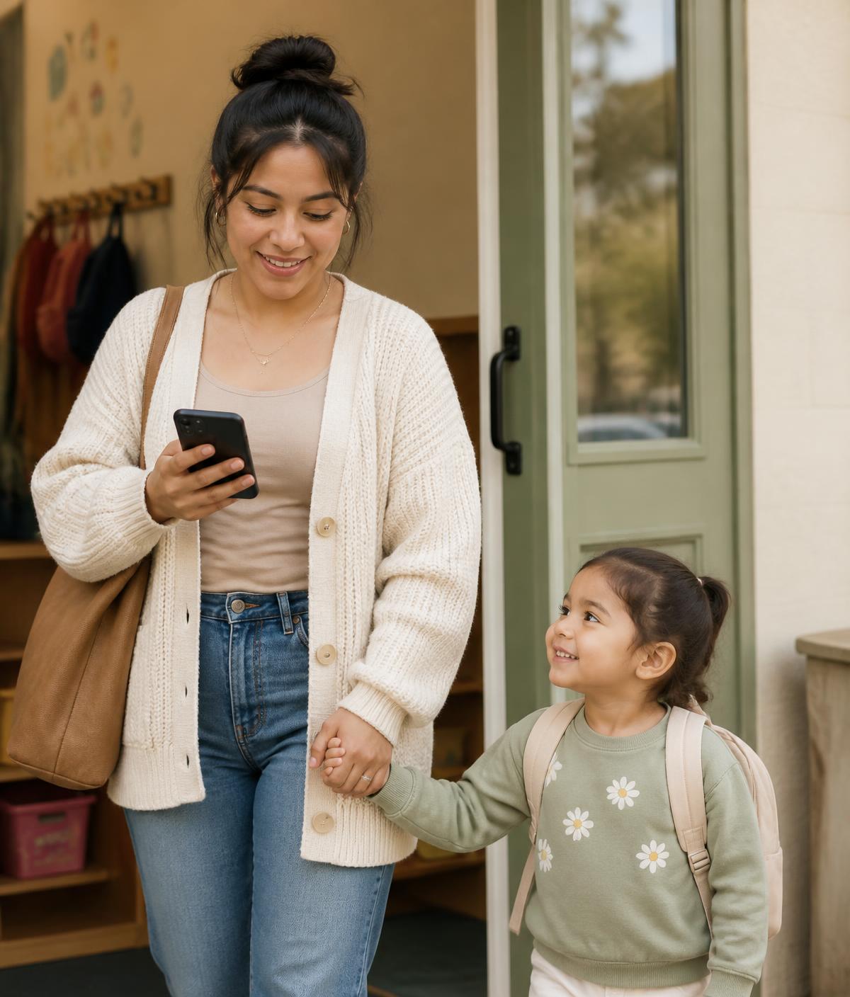 Mother checking her phone while dropping her daughter at preschool